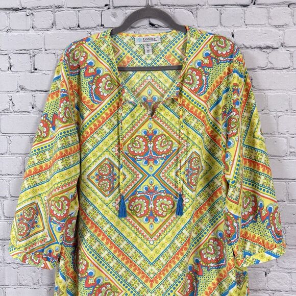 Coolibar Oceanside Tunic Dress Women XL UPF50+ Sun Protection Yellow Geo Paisley - Picture 4 of 12